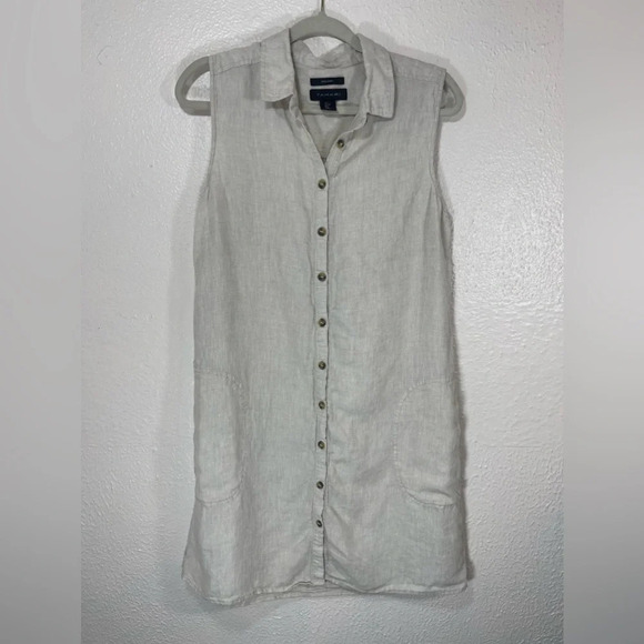 Tahari 100% Linen Beige Sleeveless Collared Button Down Shirt Dress Women Large - Picture 11 of 11